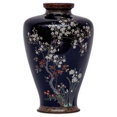 Antique Japanese Meiji Cloisonné Enamel Vase with Cherry Blossoms, Ota Tamashiro