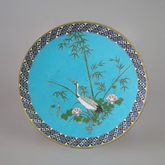 Japanese Meiji Cloisonne Enameled Figural Charger With Marsh Scene & Heron 20thC
