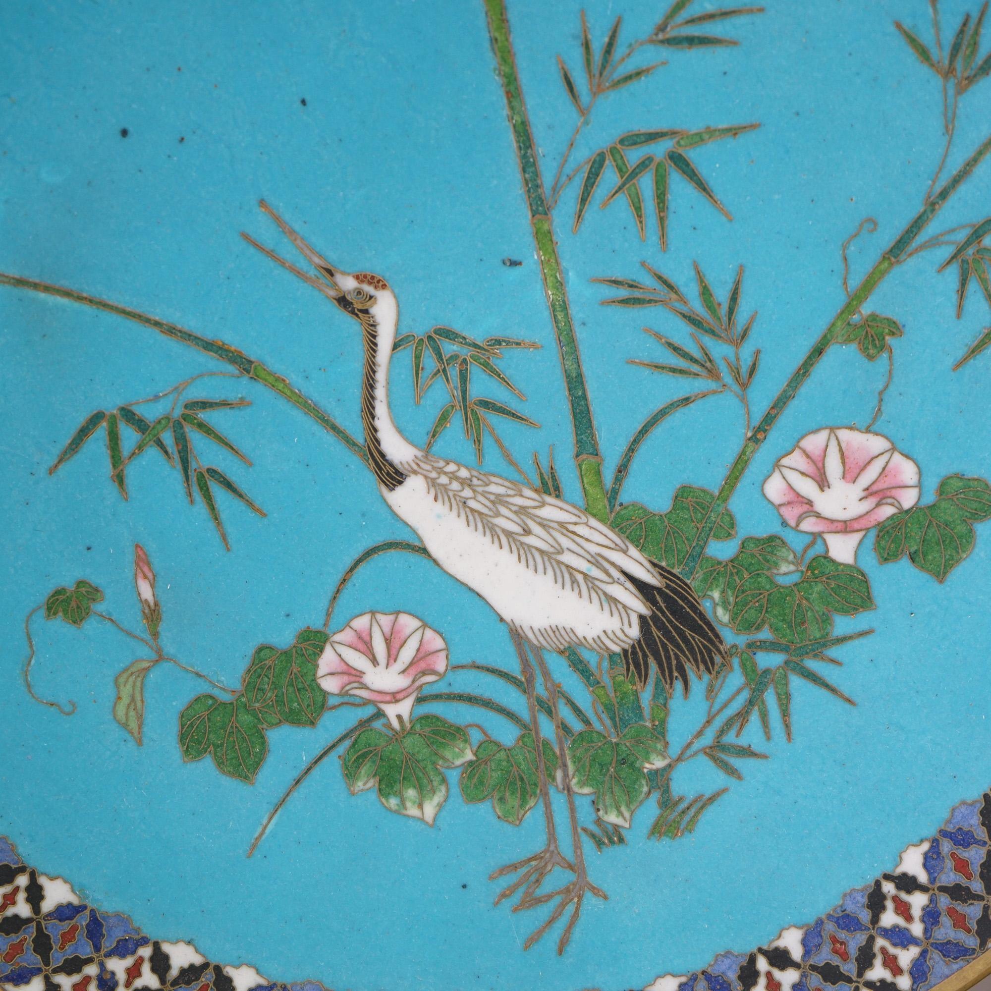 Japanese Meiji Cloisonne Enameled Figural Charger With Marsh Scene & Heron 20thC In Good Condition For Sale In Big Flats, NY