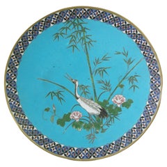 Vintage Japanese Meiji Cloisonne Enameled Figural Charger With Marsh Scene & Heron 20thC