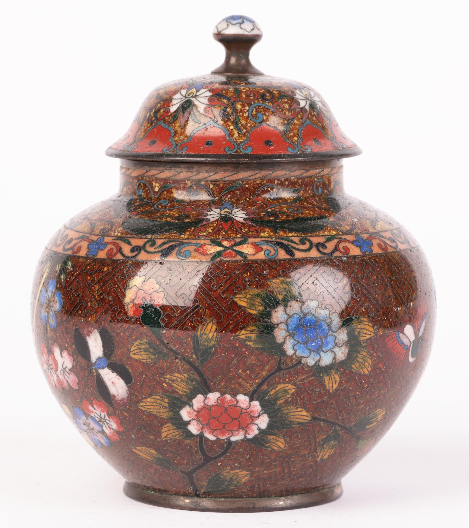 Japanese Meiji Cloisonne Lidded Jar Decorated with Flowers & Butterflies For Sale 4