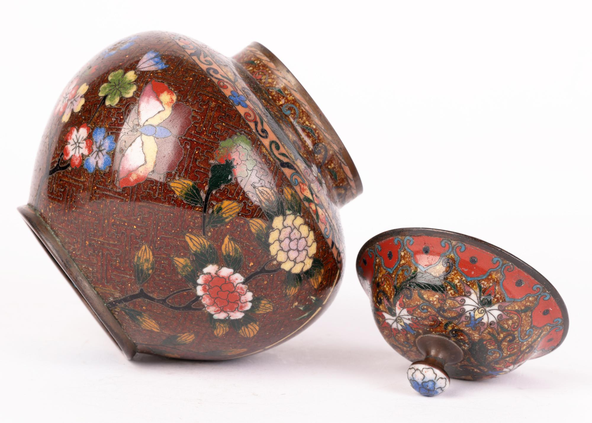Japanese Meiji Cloisonne Lidded Jar Decorated with Flowers & Butterflies For Sale 5
