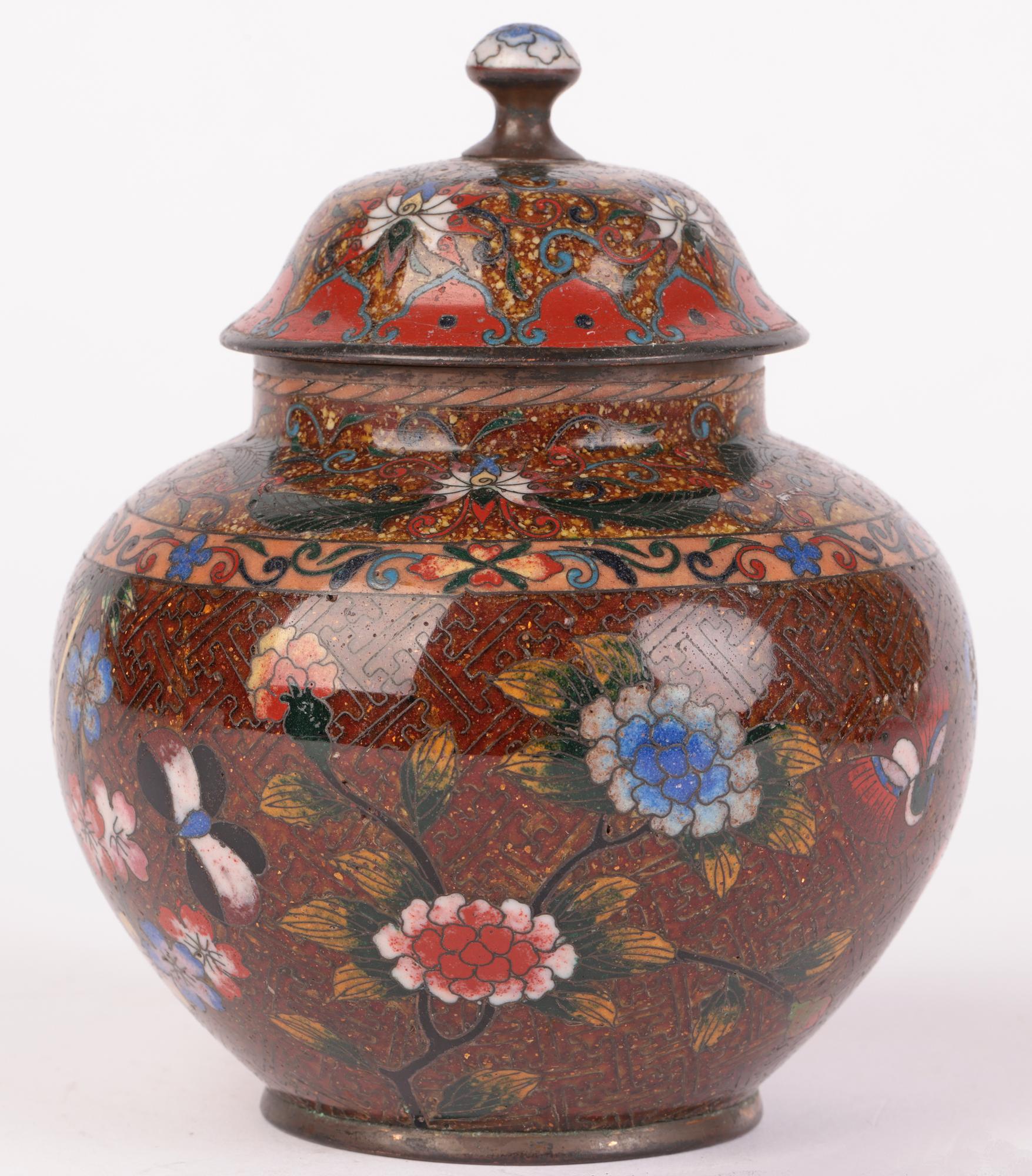 Japanese Meiji Cloisonne Lidded Jar Decorated with Flowers & Butterflies For Sale 7