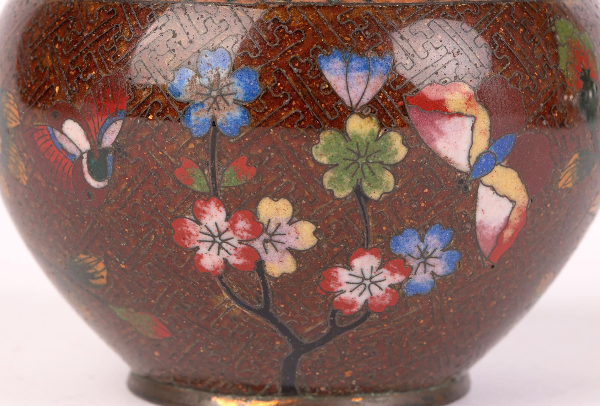Cloissoné Japanese Meiji Cloisonne Lidded Jar Decorated with Flowers & Butterflies For Sale