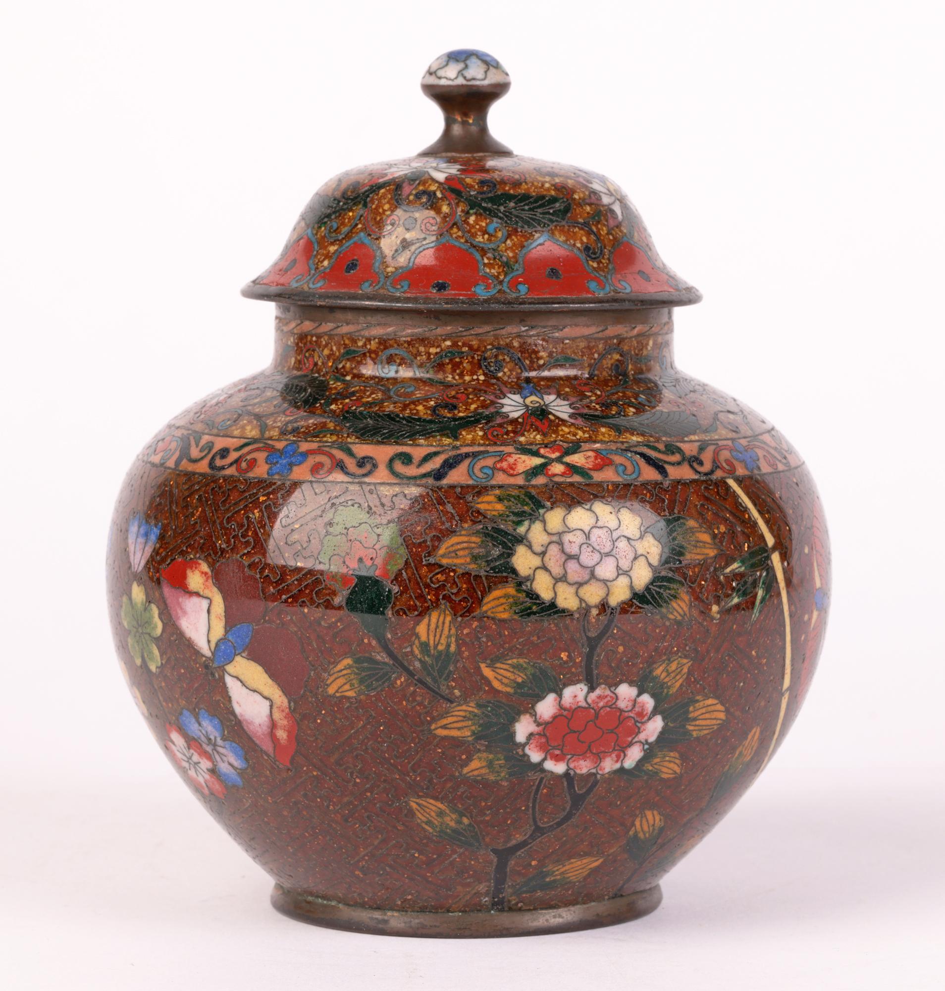 19th Century Japanese Meiji Cloisonne Lidded Jar Decorated with Flowers & Butterflies For Sale