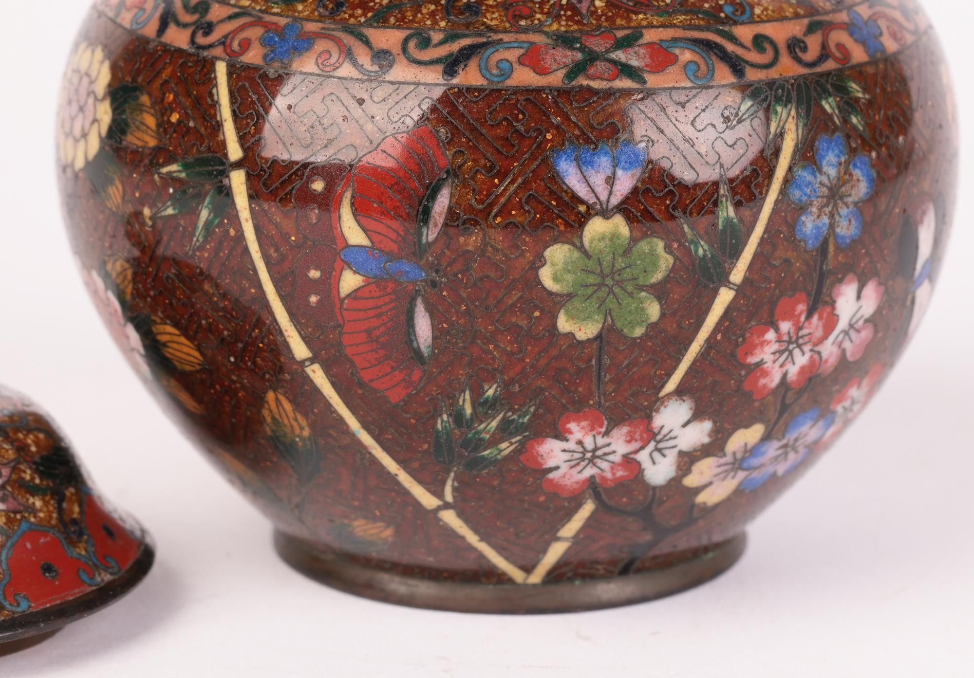 Japanese Meiji Cloisonne Lidded Jar Decorated with Flowers & Butterflies For Sale 1