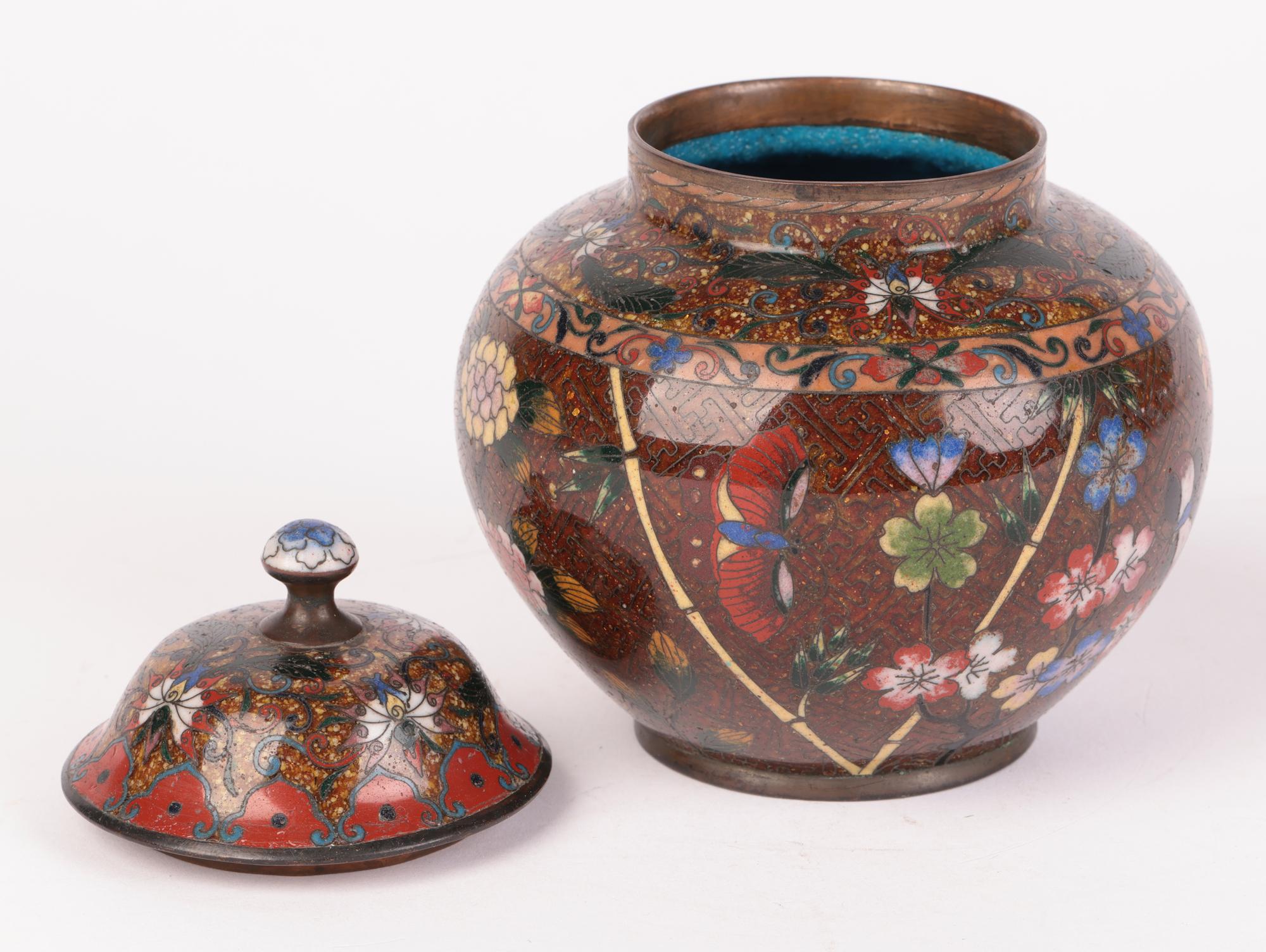 Japanese Meiji Cloisonne Lidded Jar Decorated with Flowers & Butterflies For Sale 2