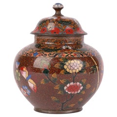 Antique Japanese Meiji Cloisonne Lidded Jar Decorated with Flowers & Butterflies