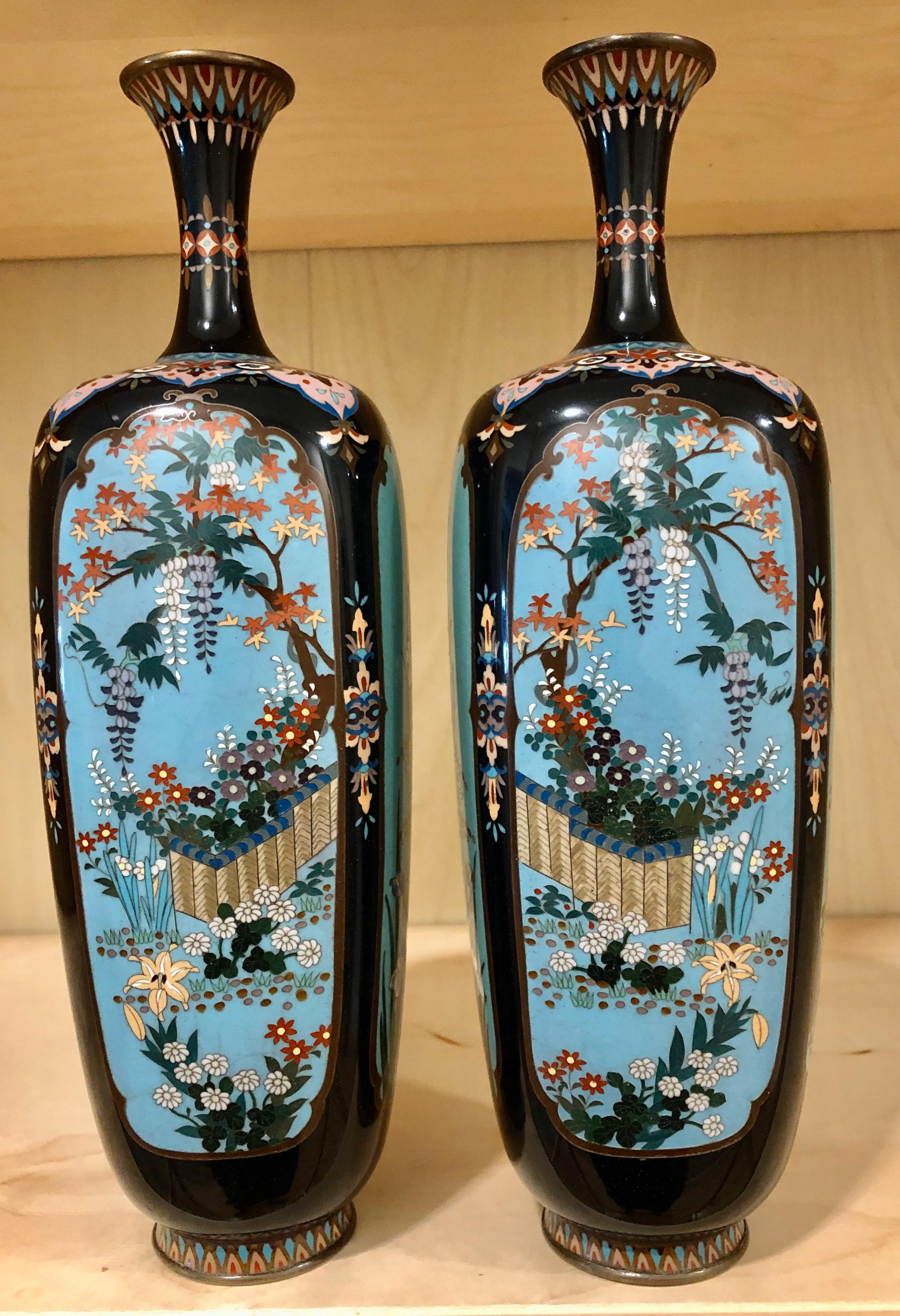 Japonisme Japanese Meiji Cloisonne Pair of Vases For Sale