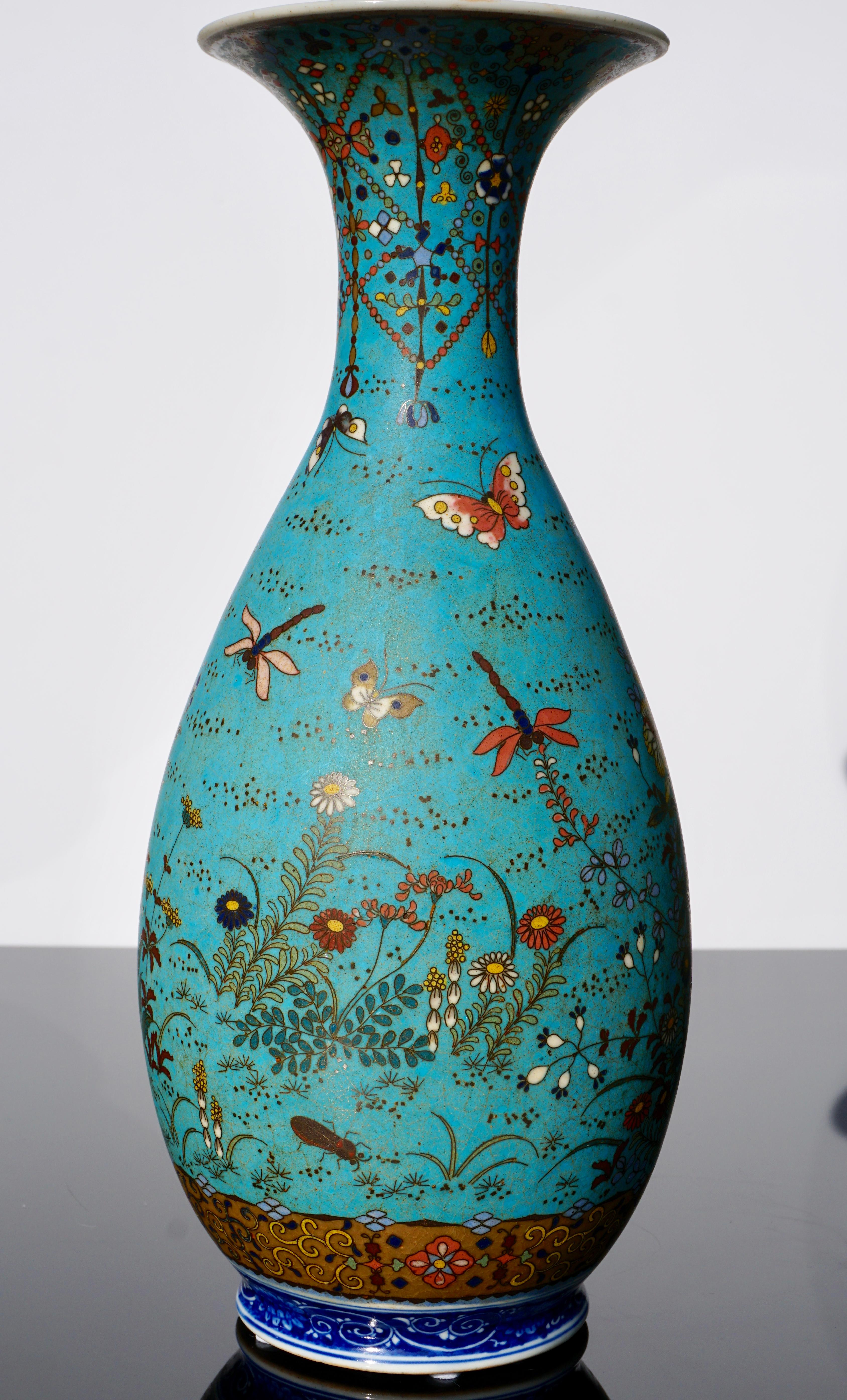 Enameled Japanese Meiji Cloisonné Porcelain Shippo Vases