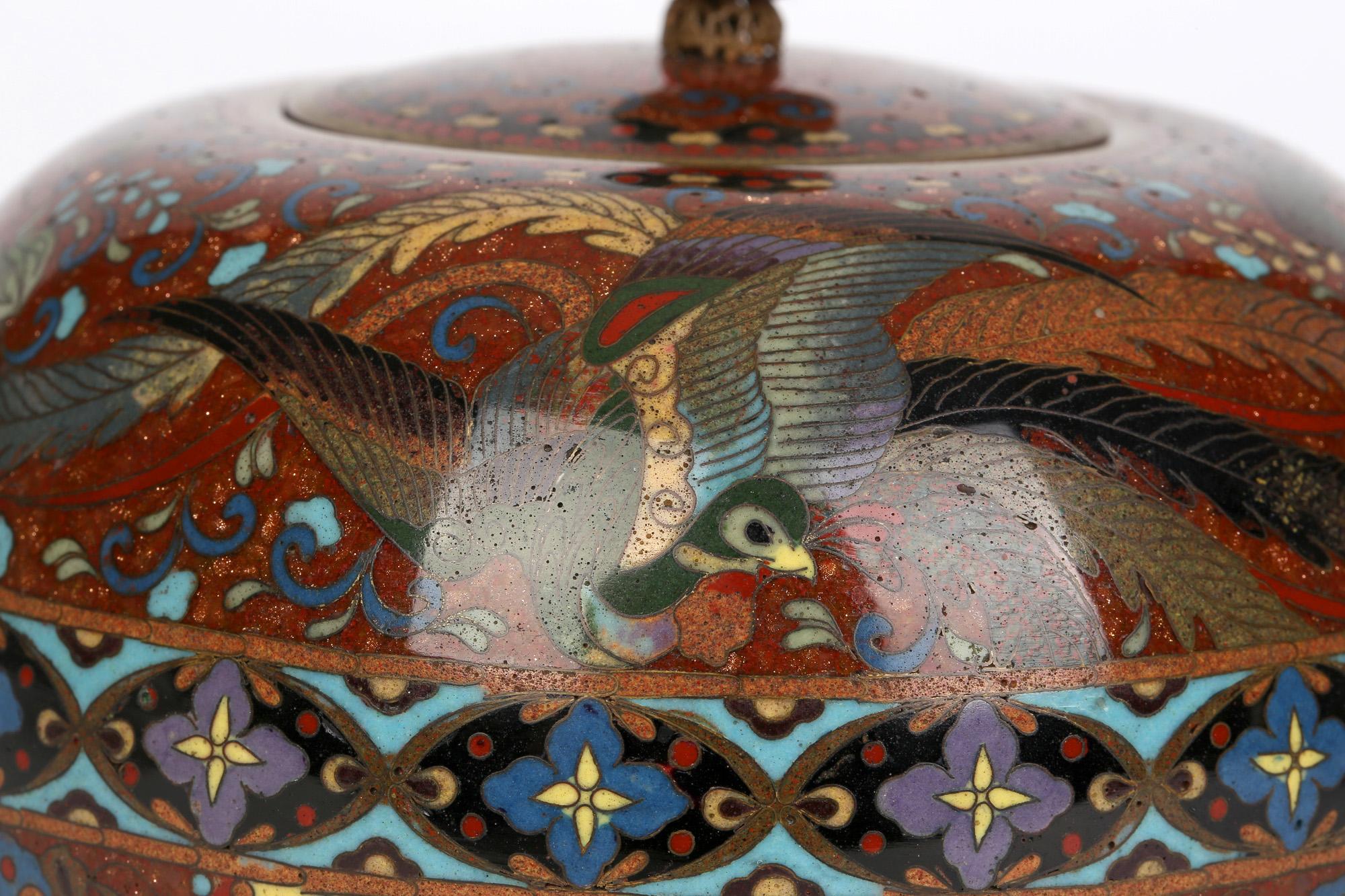Japanese Meiji Cloisonné Tea Caddy with Panels and Ho Ho Birds 3