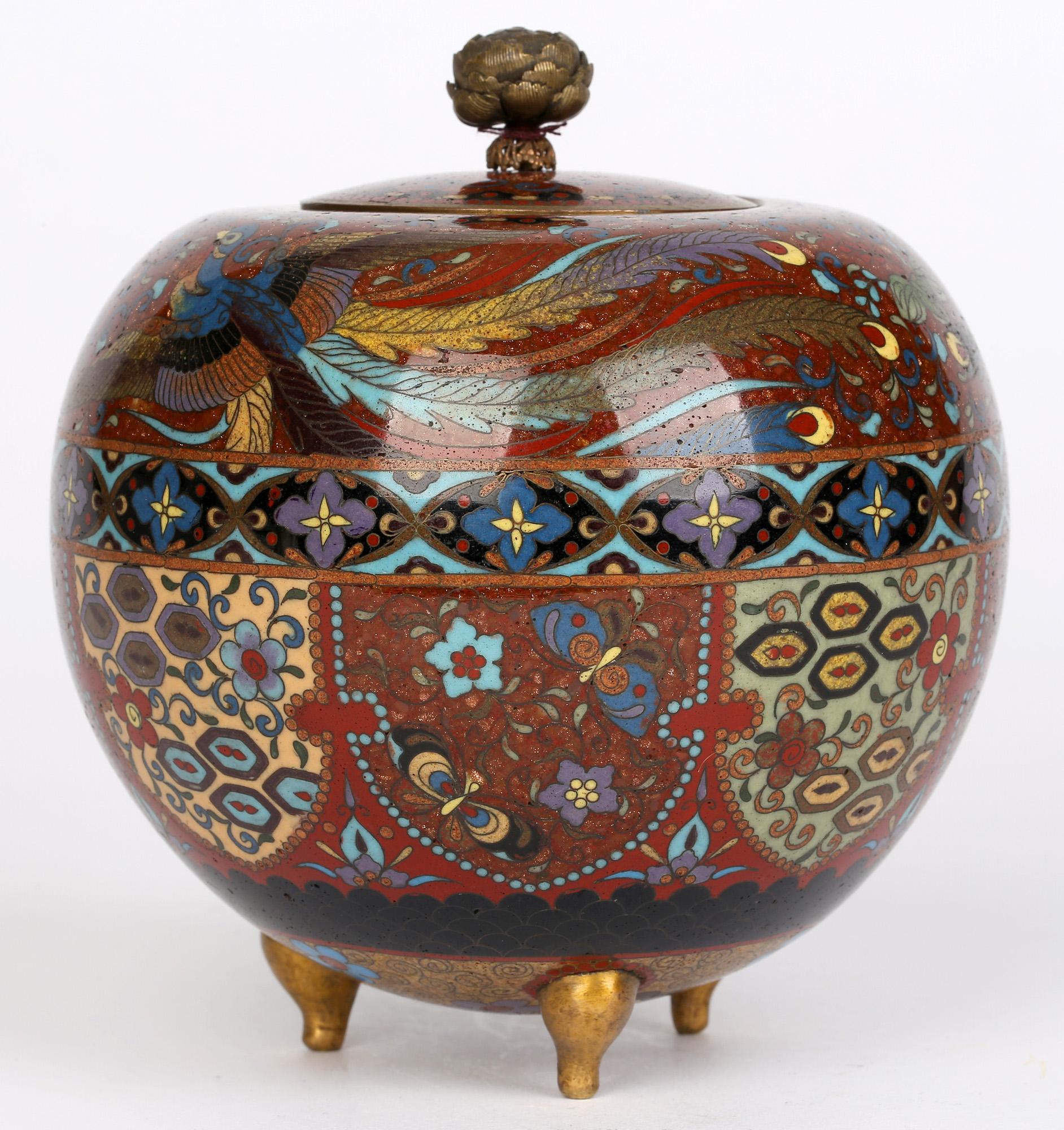 Cloissoné Japanese Meiji Cloisonné Tea Caddy with Panels and Ho Ho Birds