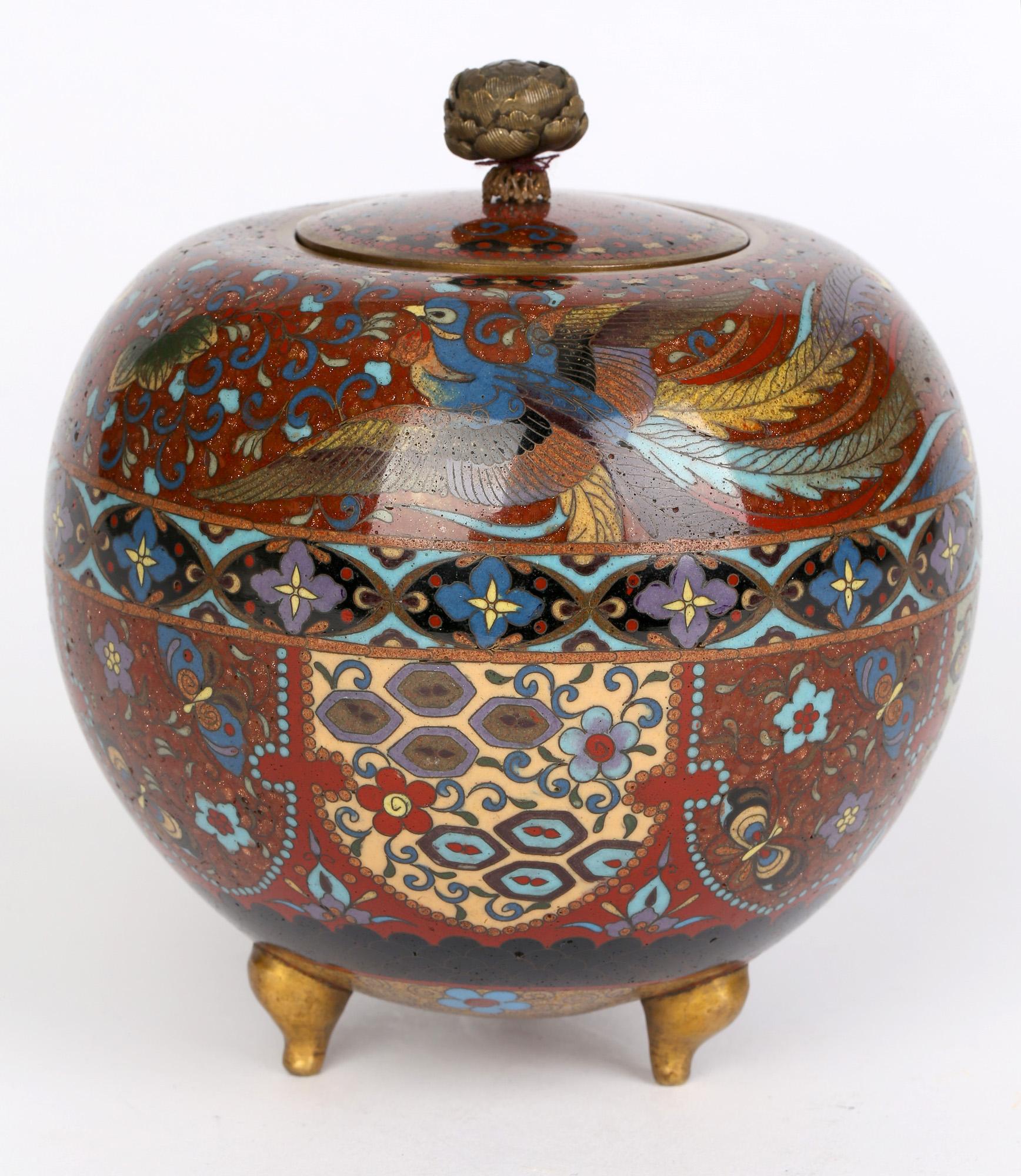 19th Century Japanese Meiji Cloisonné Tea Caddy with Panels and Ho Ho Birds