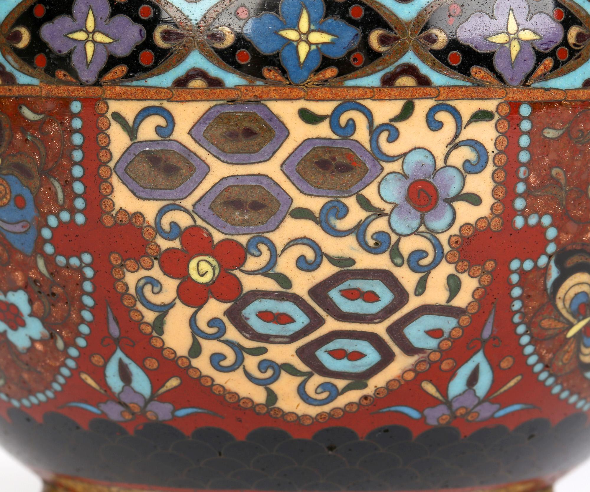 Brass Japanese Meiji Cloisonné Tea Caddy with Panels and Ho Ho Birds