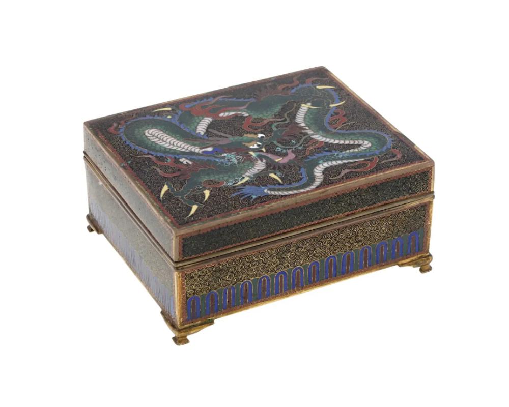 An antique Japanese copper footed rectangular trinket box with hinged lid. Late Meiji period, before 1912. The surface of the piece is enamelled with cloisonne swirl motif. The lid is garnished with a depiction of a dragon. High quality. Collectible