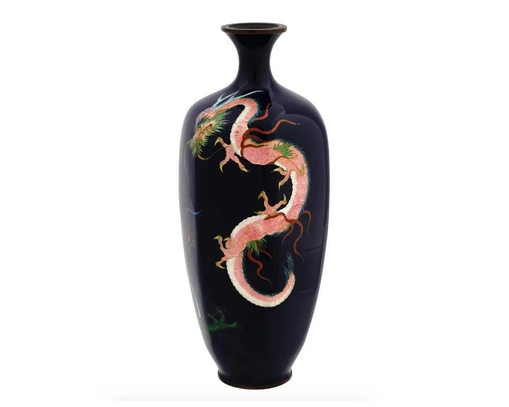 Cloissoné Antique Meiji Japanese Cloisonne Enamel Vase with Pink and Green Dueling Dragons For Sale