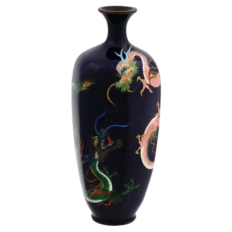 Antique Meiji Japanese Cloisonne Enamel Vase with Pink and Green Dueling Dragons For Sale