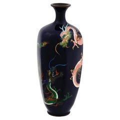 Vintage Meiji Japanese Cloisonne Enamel Vase with Pink and Green Dueling Dragons