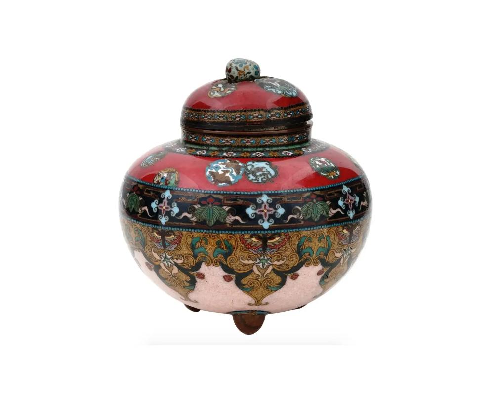 20th Century Japanese Meiji Covered Tripod Cloisonne Enamel Jar