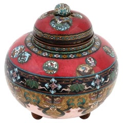 Antique Japanese Meiji Covered Tripod Cloisonne Enamel Jar