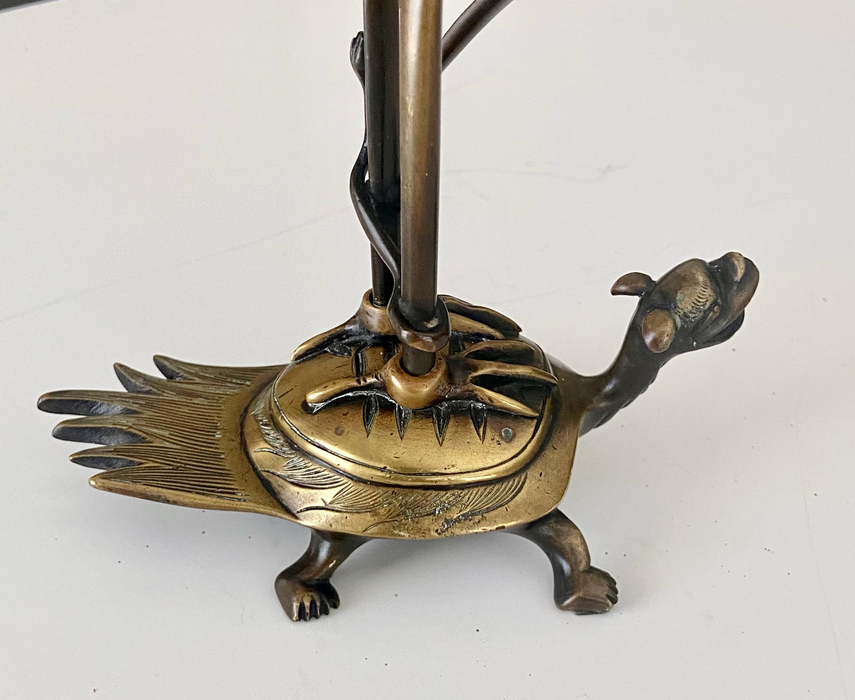 Bronze Japanese Meiji Crane Lotus Turtle Candle Holder For Sale