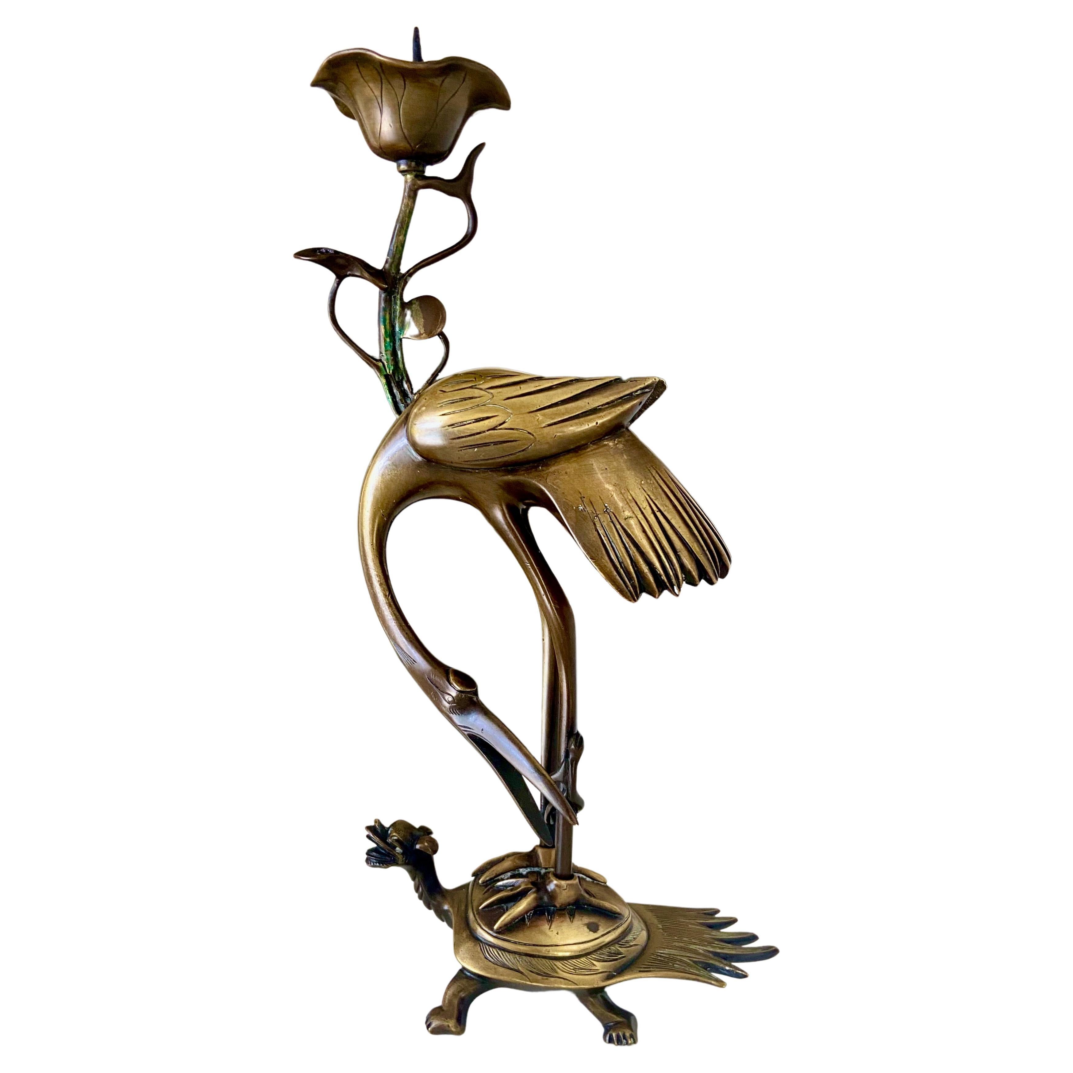 Japanese Meiji Crane Lotus Turtle Candle Holder For Sale