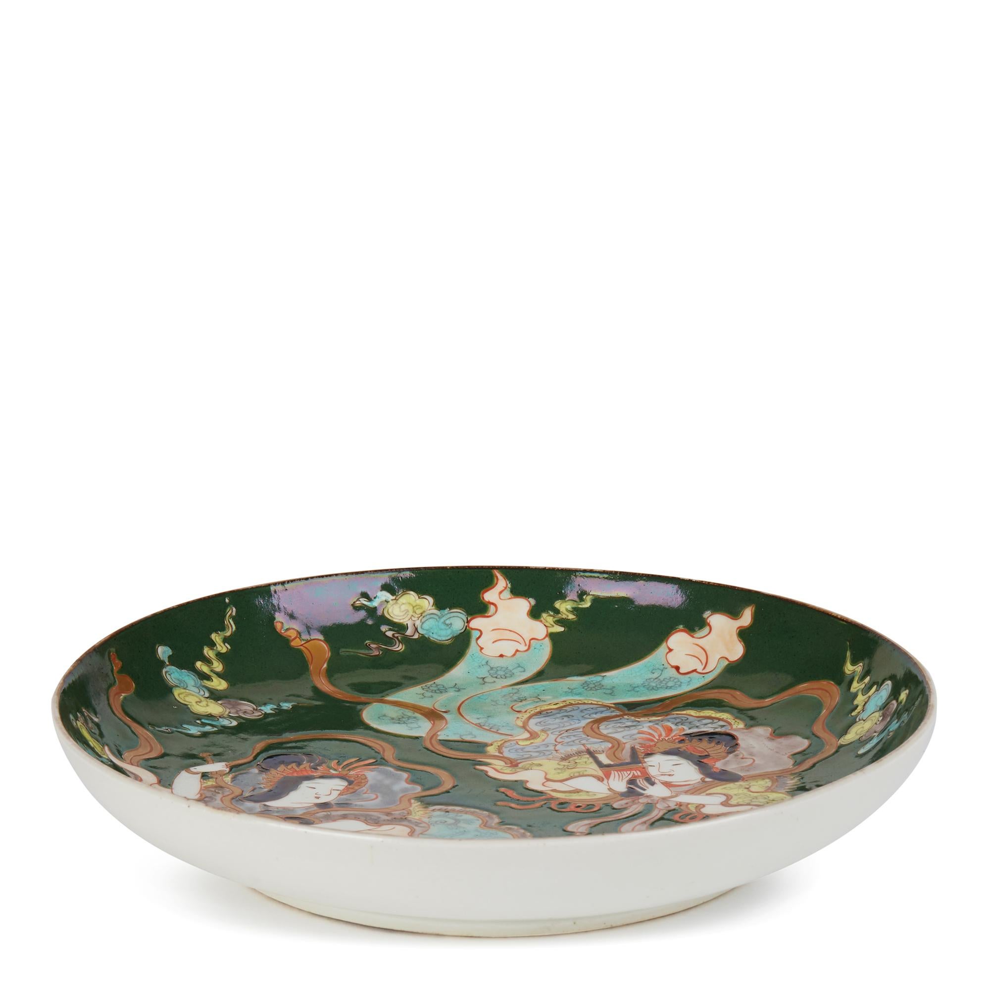 Ceramic Japanese Meiji Dish with Figures Amidst Clouds 19th Century For Sale