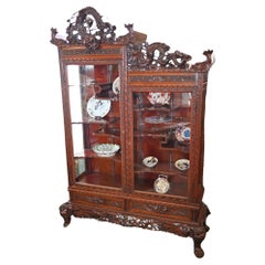 Vitrine japonaise Meiji sculptée en bois dur Dragons du Japon