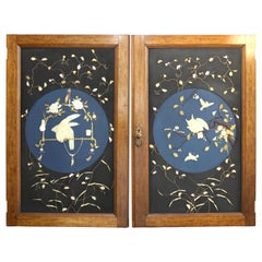 Antique Japanese Meiji Door Carvings Featuring Owl and Parrot in Mother of Pearl & Bones