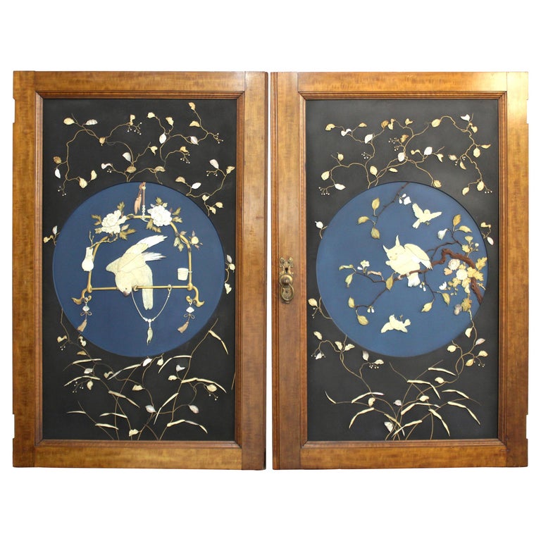 Japanese Meiji Door Carvings Featuring Owl and Parrot in Mother of Pearl & Bones For Sale