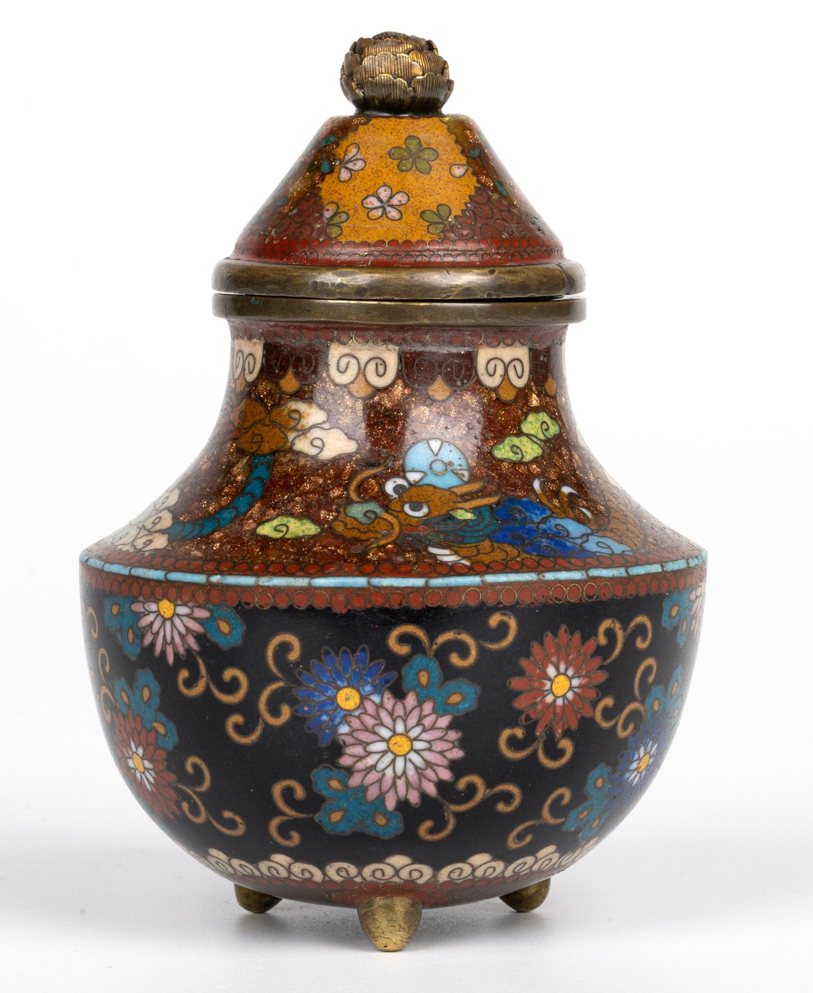 Japanese Meiji Dragon & Floral Pattern Cloisonne Koro & Cover For Sale 4