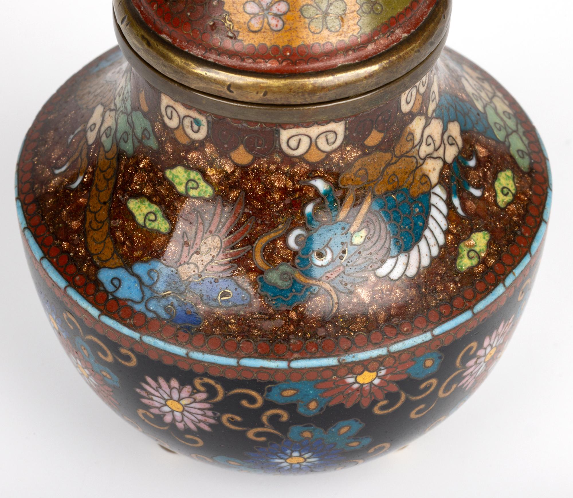 Japanese Meiji Dragon & Floral Pattern Cloisonne Koro & Cover For Sale 6