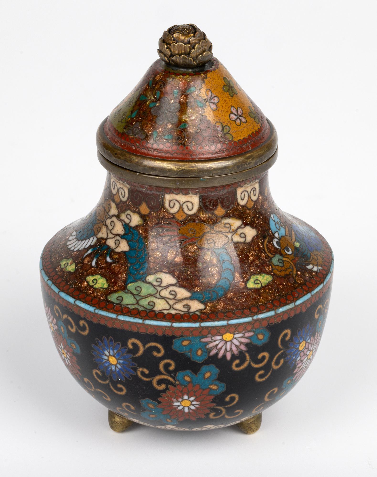 Japanese Meiji Dragon & Floral Pattern Cloisonne Koro & Cover For Sale 8