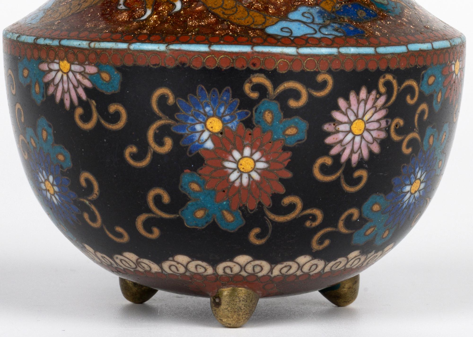 Japanese Meiji Dragon & Floral Pattern Cloisonne Koro & Cover For Sale 12