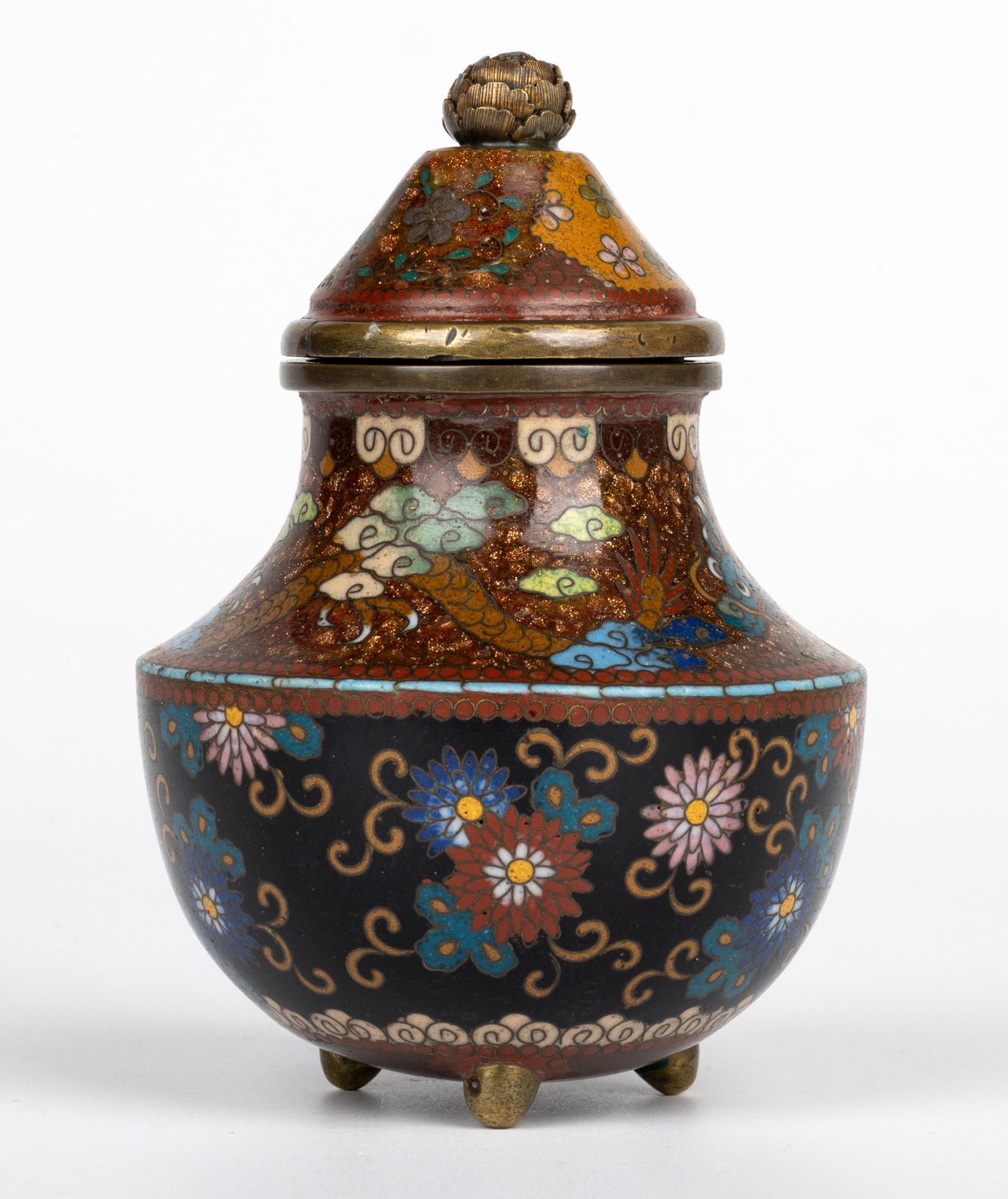 Japanese Meiji Dragon & Floral Pattern Cloisonne Koro & Cover For Sale 13