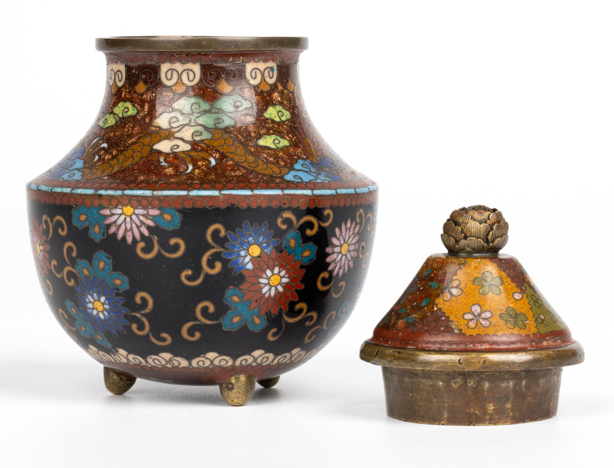 Cloissoné Japanese Meiji Dragon & Floral Pattern Cloisonne Koro & Cover For Sale