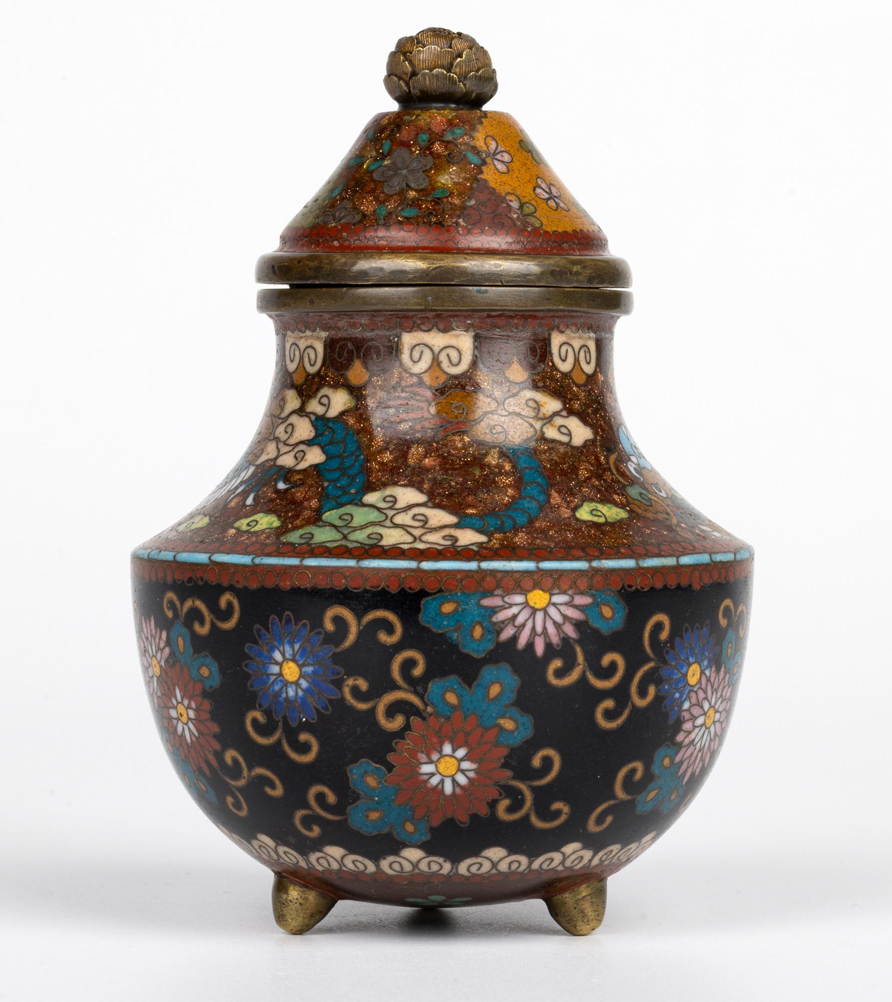 Brass Japanese Meiji Dragon & Floral Pattern Cloisonne Koro & Cover For Sale