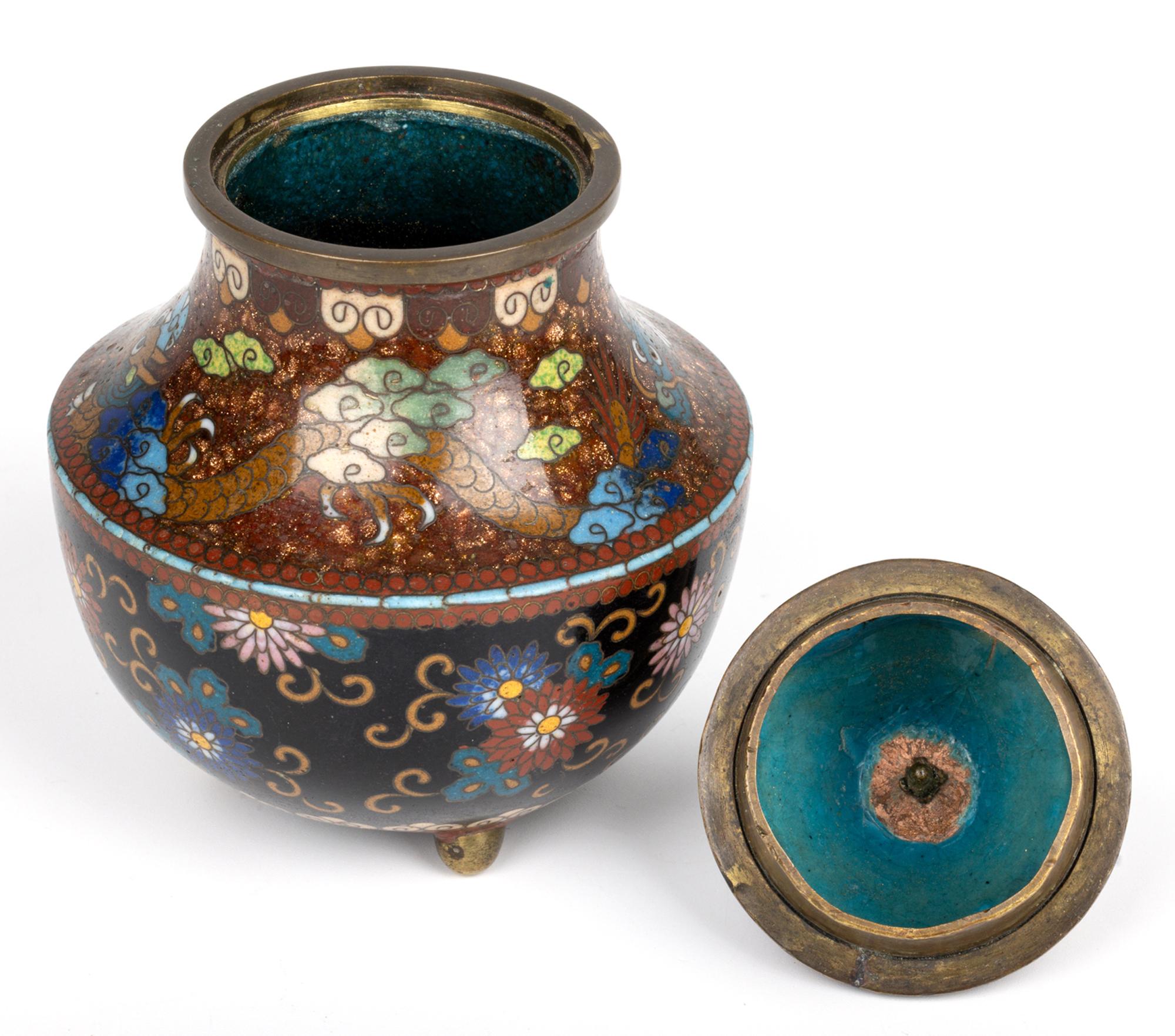 Japanese Meiji Dragon & Floral Pattern Cloisonne Koro & Cover For Sale 2