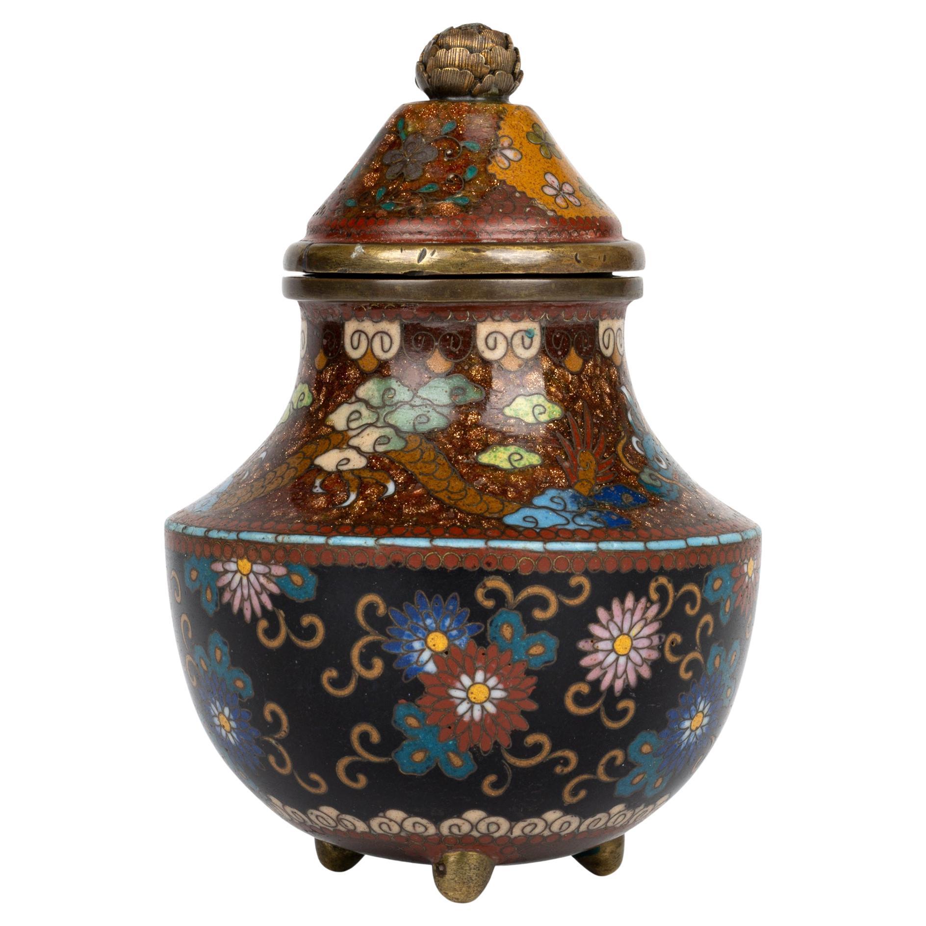 Japanese Meiji Dragon & Floral Pattern Cloisonne Koro & Cover