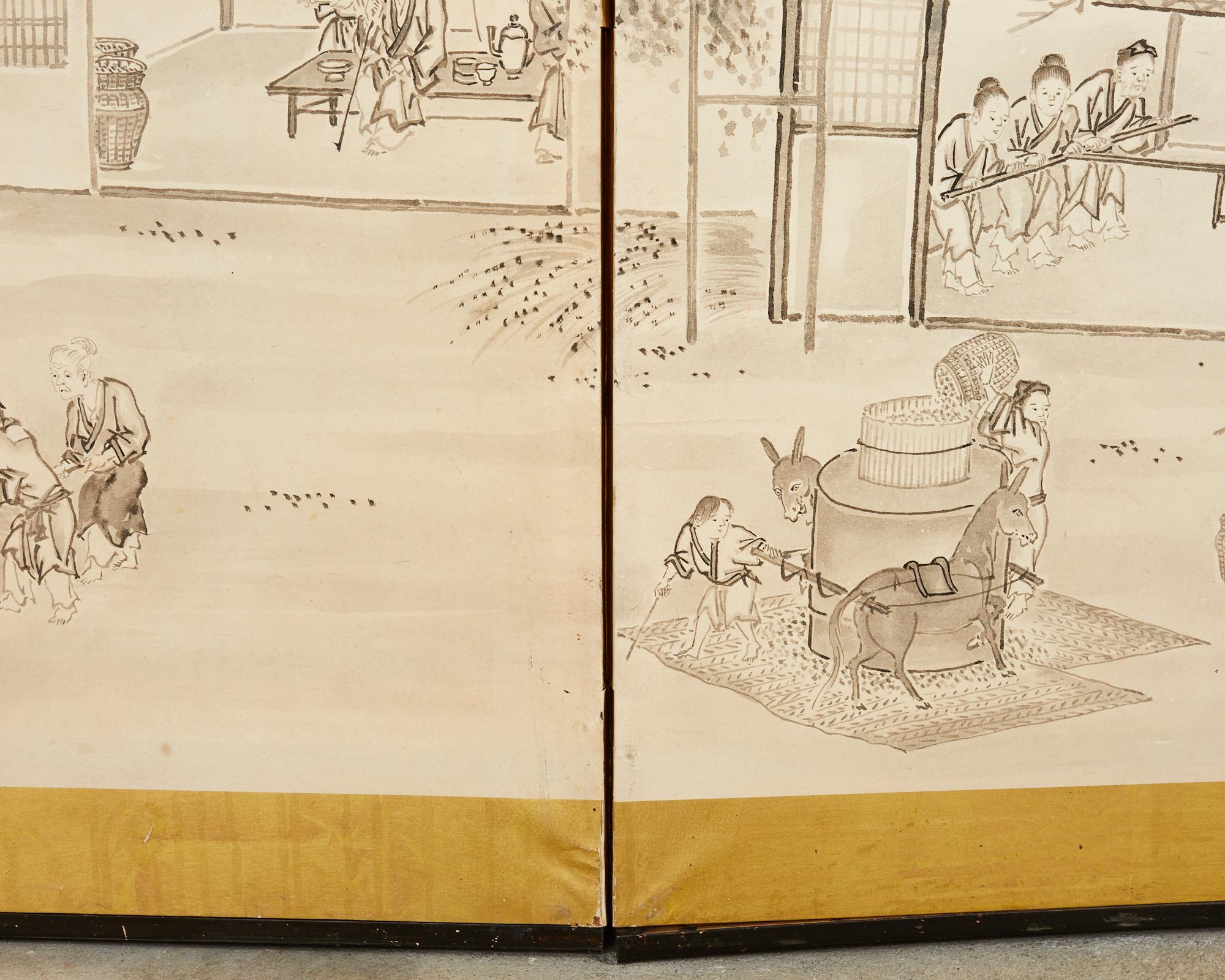 Japanese Meiji Eight Panel Screen Village Landscape with Figures For Sale 8