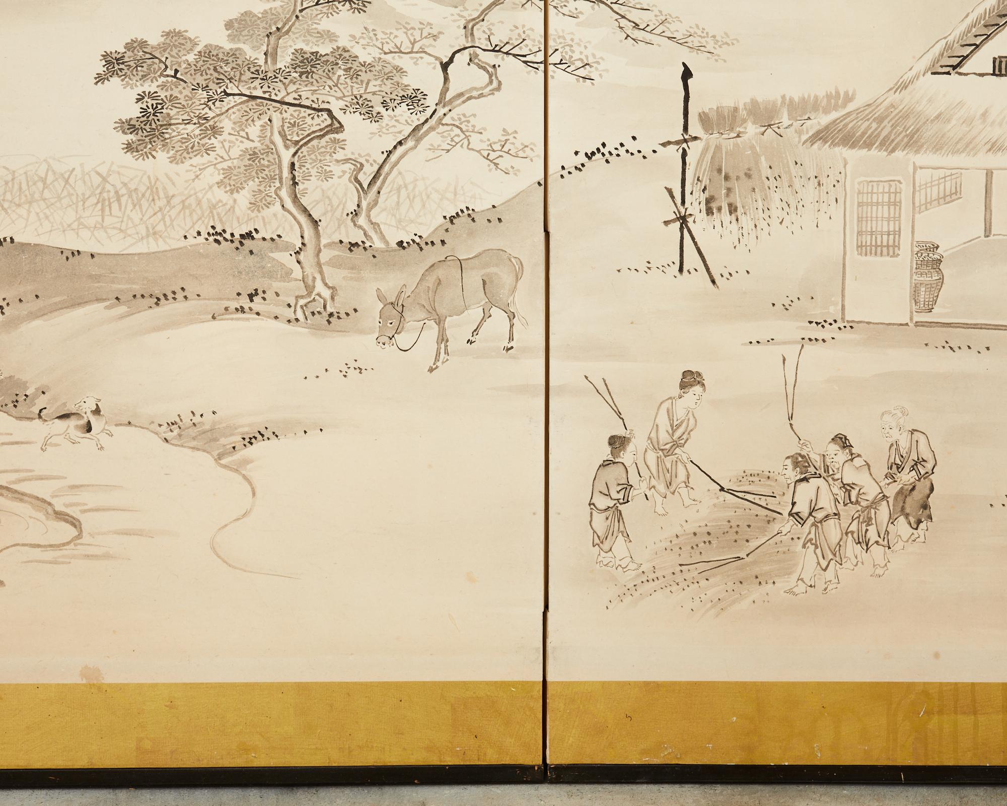 Japanese Meiji Eight Panel Screen Village Landscape with Figures For Sale 9