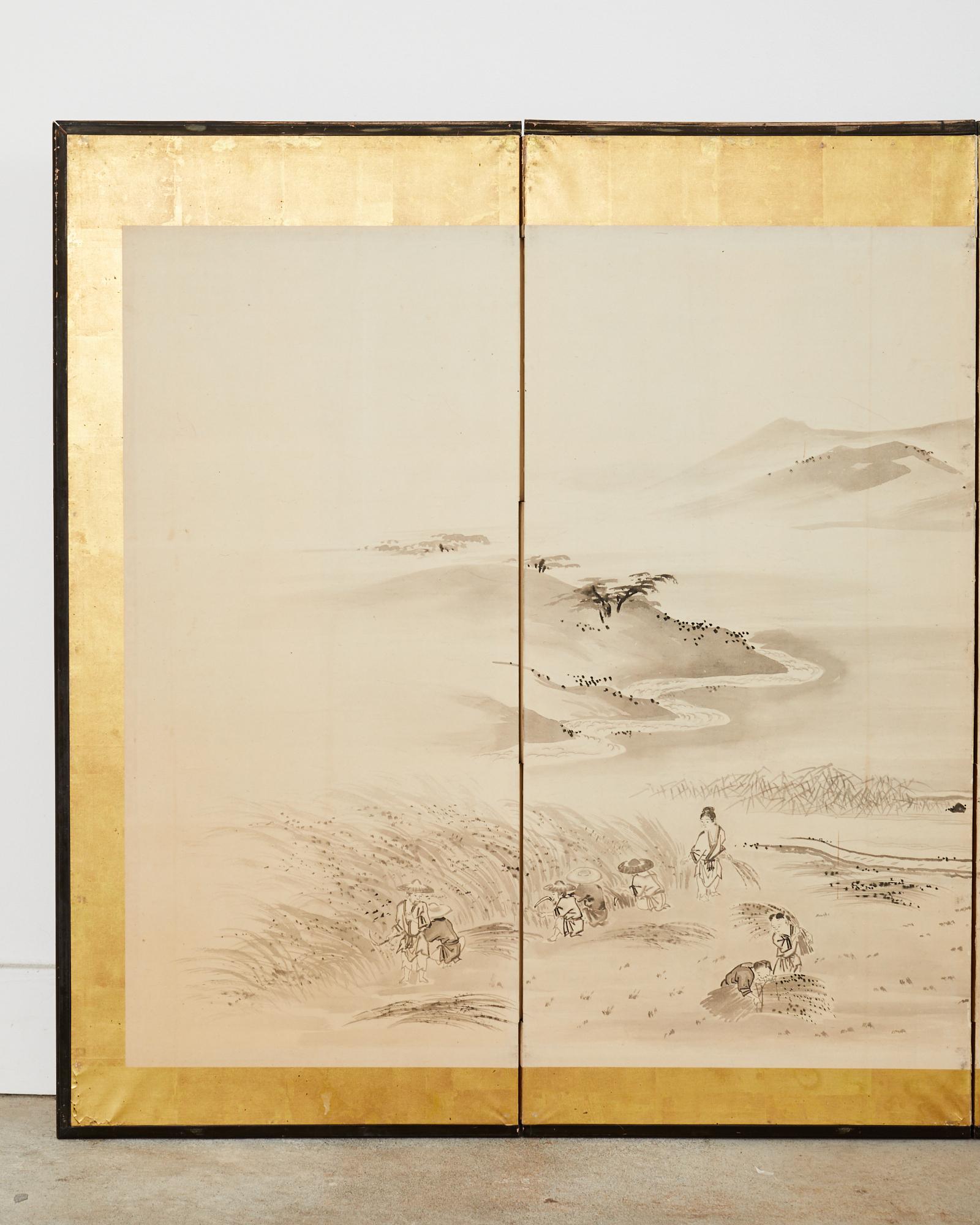 Japanese Meiji Eight Panel Screen Village Landscape with Figures In Distressed Condition For Sale In Rio Vista, CA
