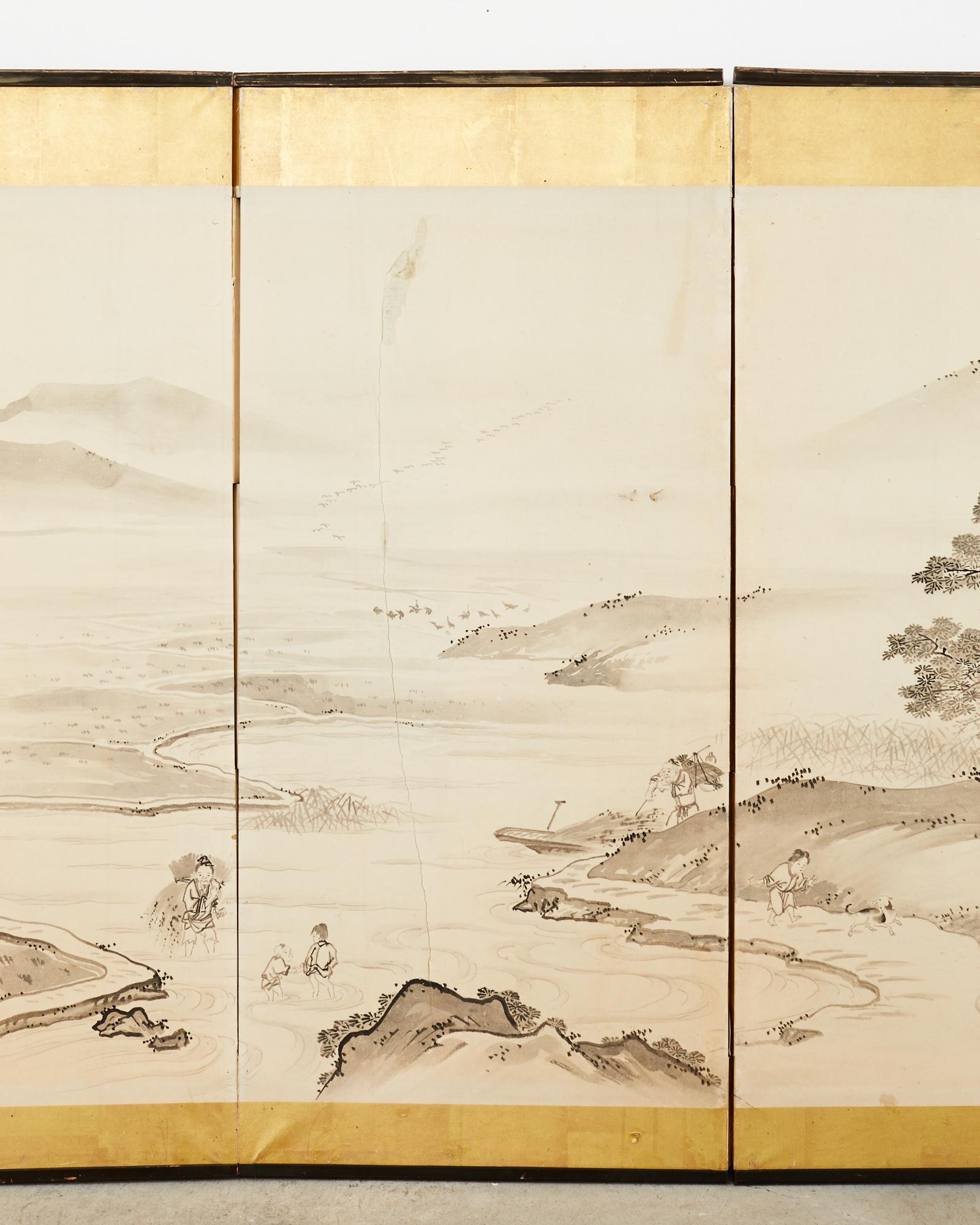 19th Century Japanese Meiji Eight Panel Screen Village Landscape with Figures For Sale