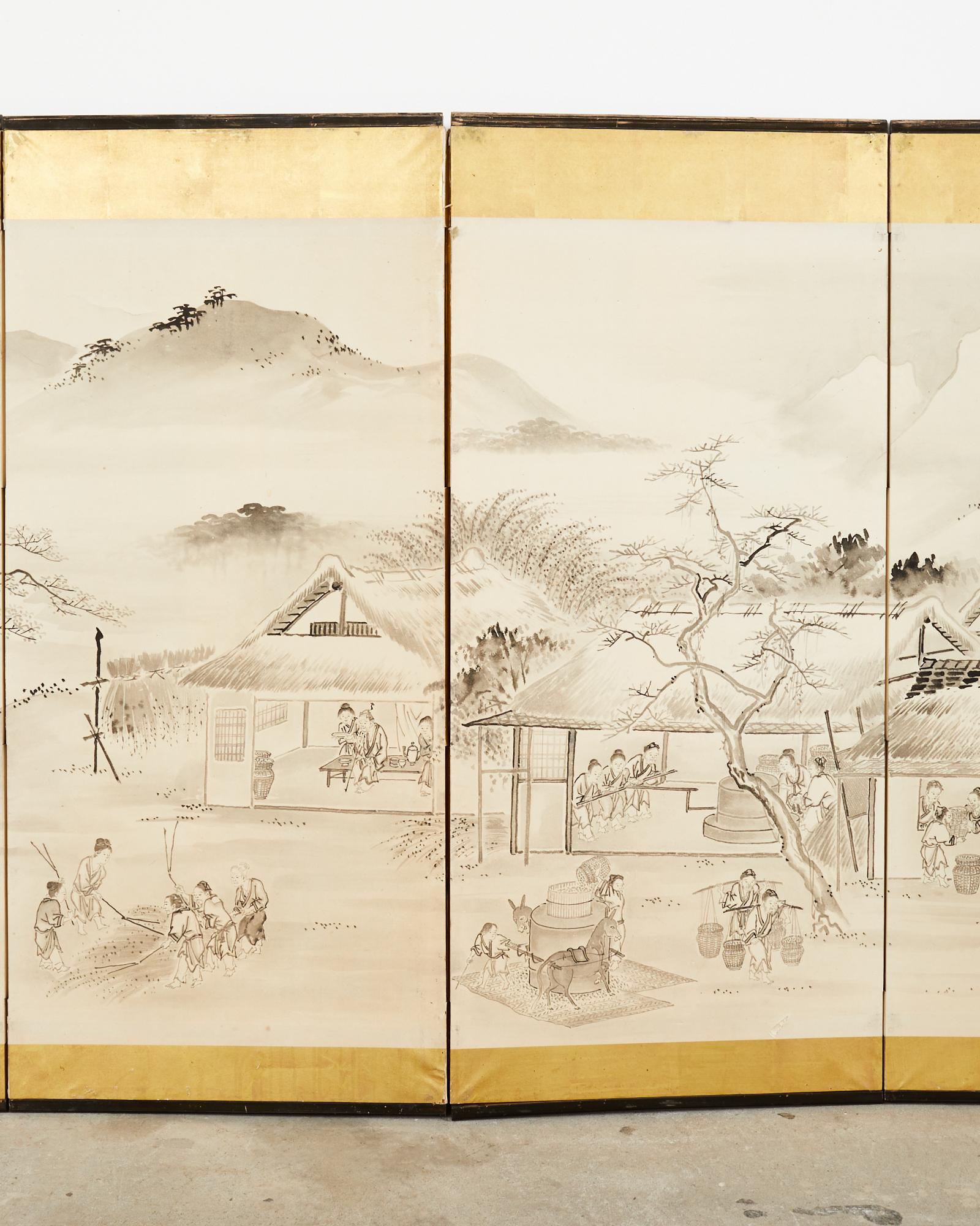 Gold Leaf Japanese Meiji Eight Panel Screen Village Landscape with Figures For Sale