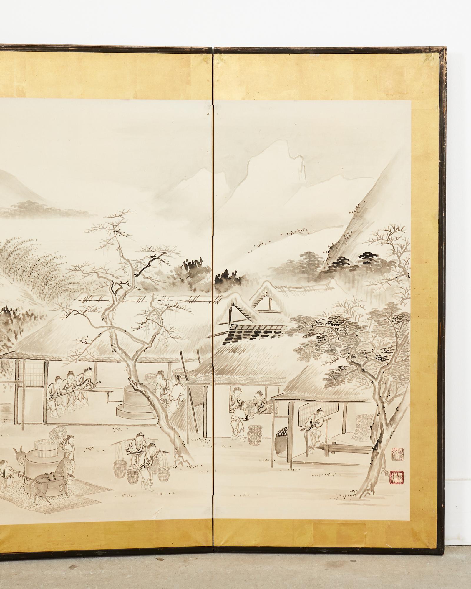Japanese Meiji Eight Panel Screen Village Landscape with Figures For Sale 1