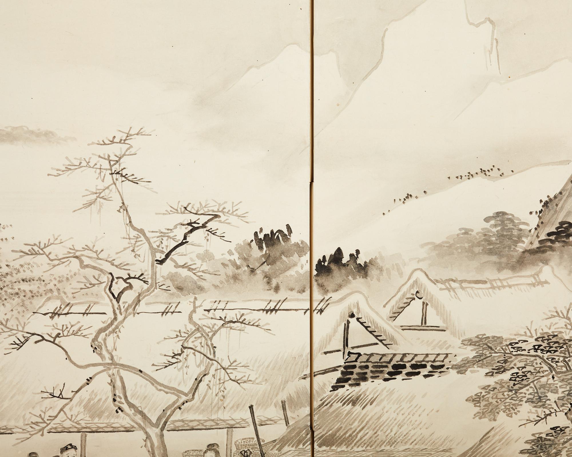 Japanese Meiji Eight Panel Screen Village Landscape with Figures For Sale 3