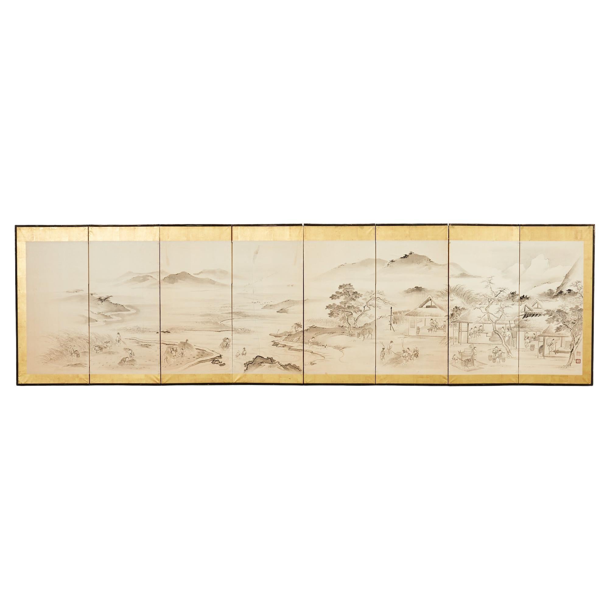 Japanese Meiji Eight Panel Screen Village Landscape with Figures For Sale