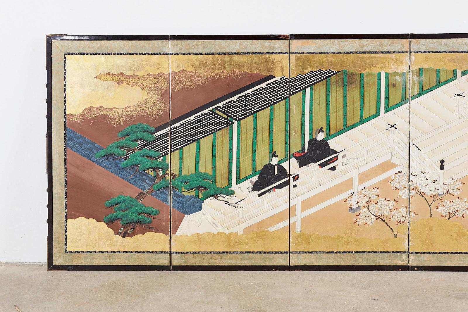 Stunning Japanese late Meiji, early Taisho period eight-panel screen. Chapter 24 Kocho butterflies episode. Nihonga school in the Tosa school manner with Kano school landscape elements. Miniature style 27 inches high ink, color and gold on paper.