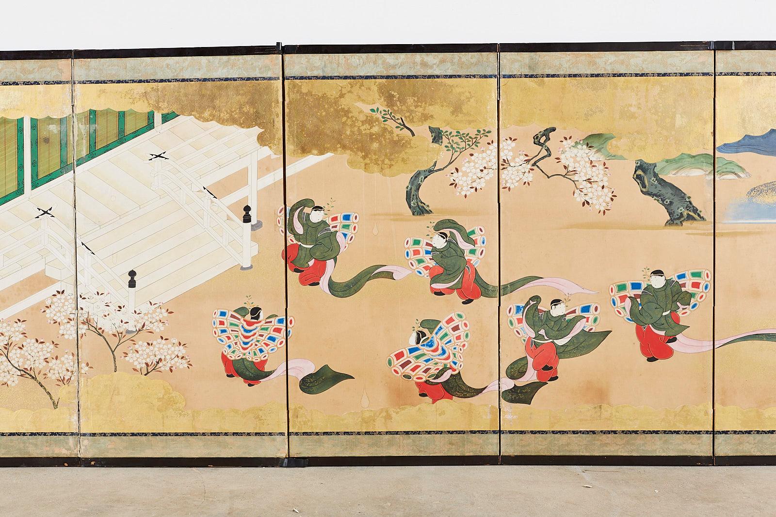Etched Japanese Meiji Eight-Panel Tale of Genji Screen