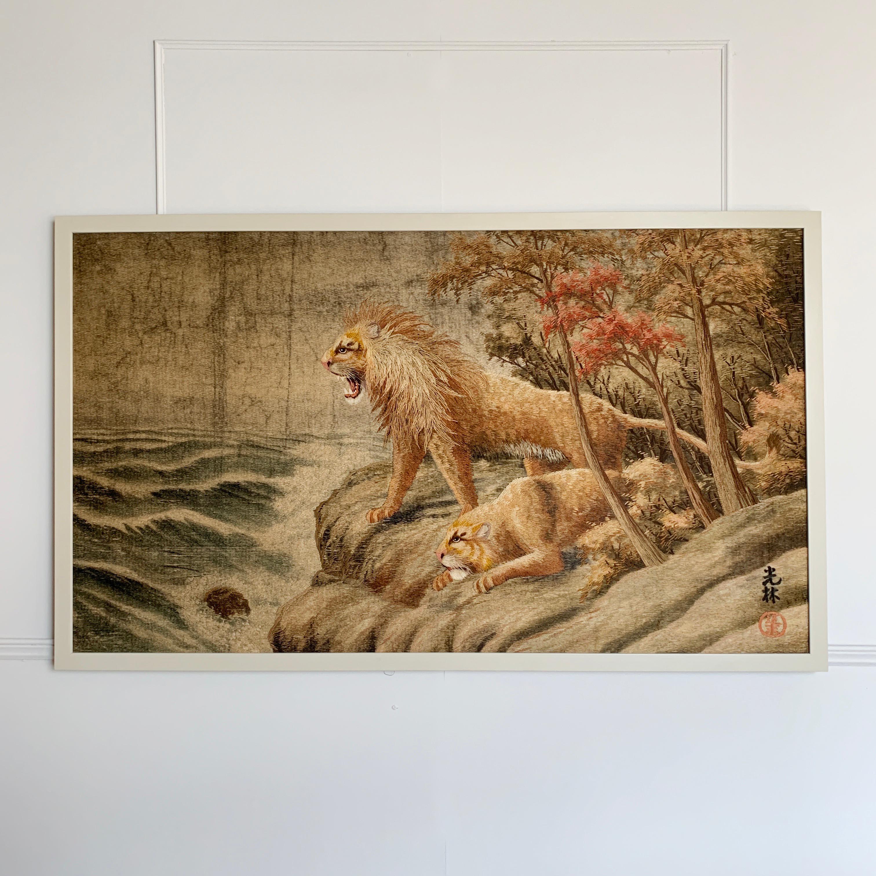 Japanese Meiji Embroidered Lions Wall Hanging In Good Condition In Hastings, GB